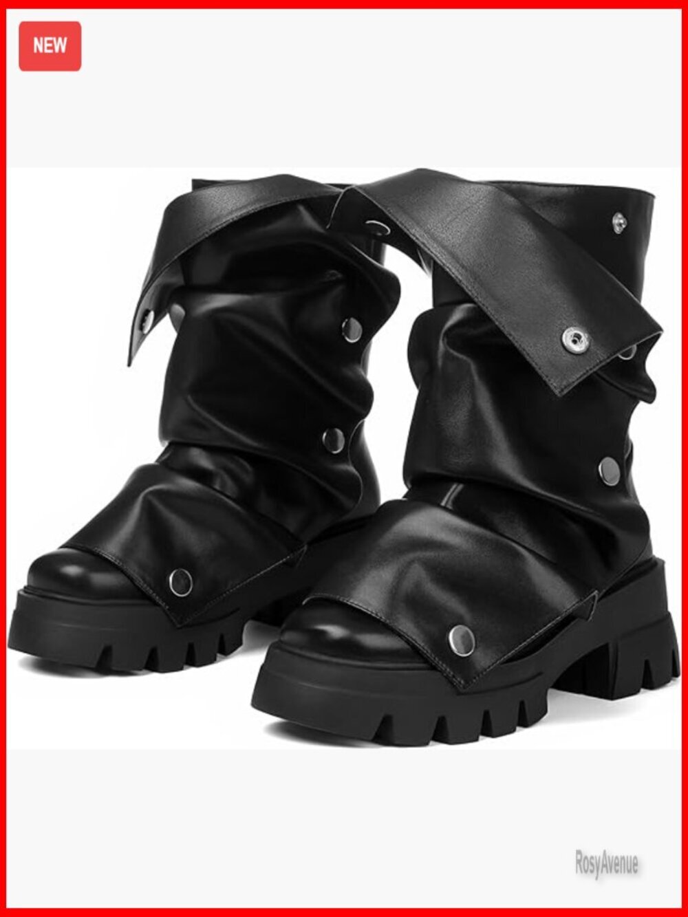 Mid Calf Platform Combat Boots Fold Over Slouchy Punk Motorcycle Boots